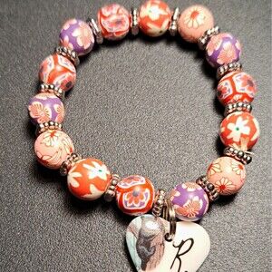 Multicolor FIMO Floral Beaded Stretch Charm Bracelet, Acrylic Heart "R" Charm